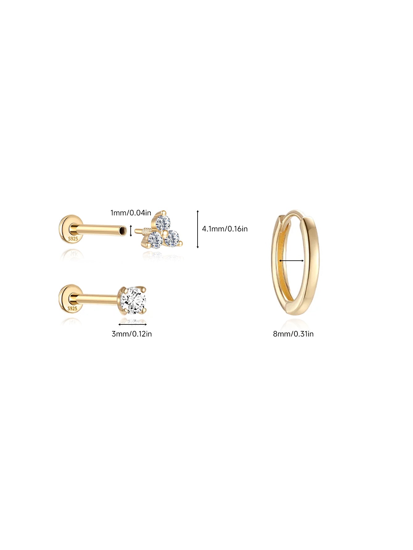 925 Sterling Silver Elegant Minimalist Flatback Piercing Set