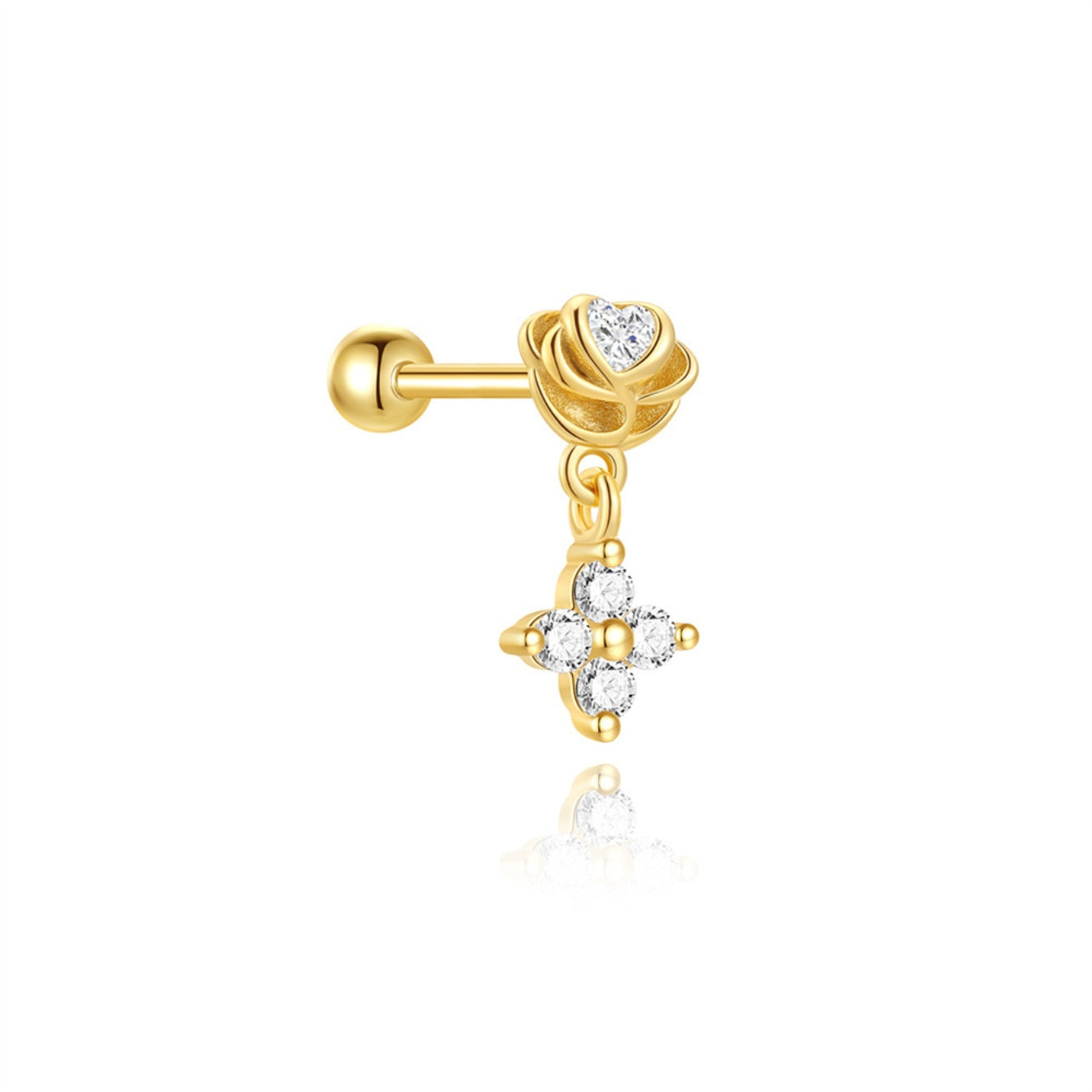 925 Sterling Silver Eternal Love Dainty Rose & Heart Dangle Stud Earring