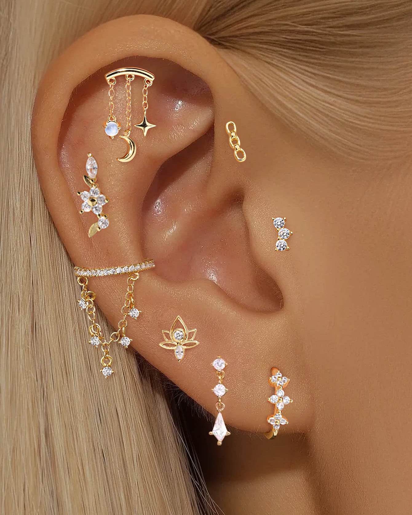 925 Sterling Silver Flower & Celestial Ear Stack