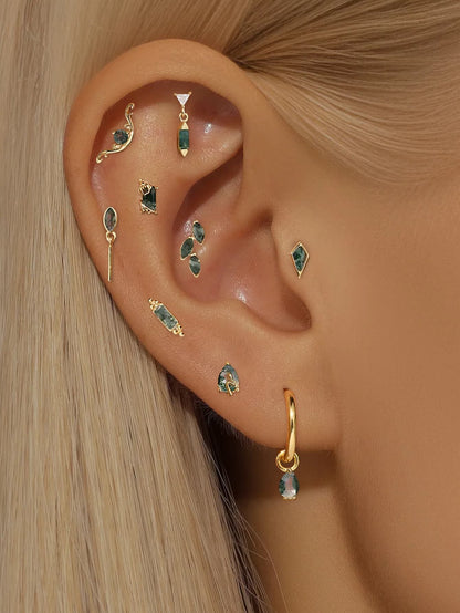 925 Sterling Silver Geometric Natural Moss Agate Ear Stack