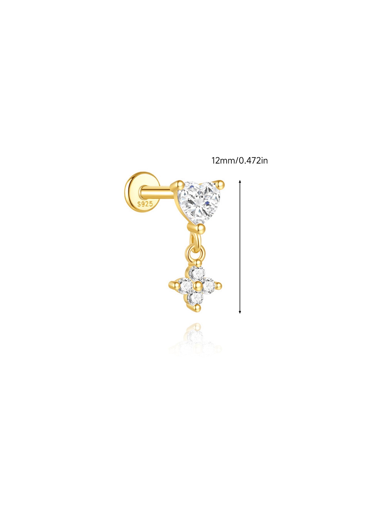 925 Sterling Silver Heart & Flower Dangle Flat Back Earring