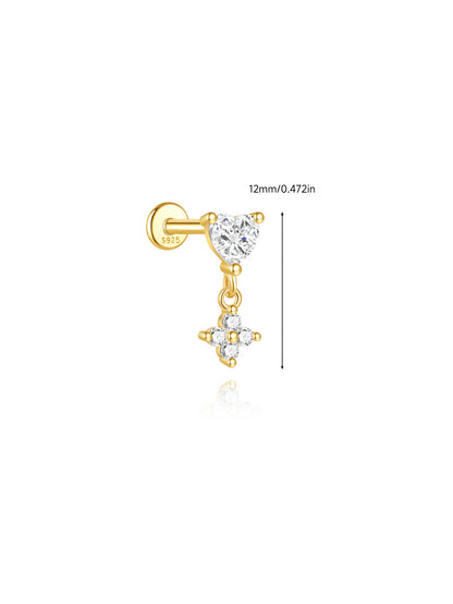 925 Sterling Silver Heart & Flower Dangle Flat Back Earring