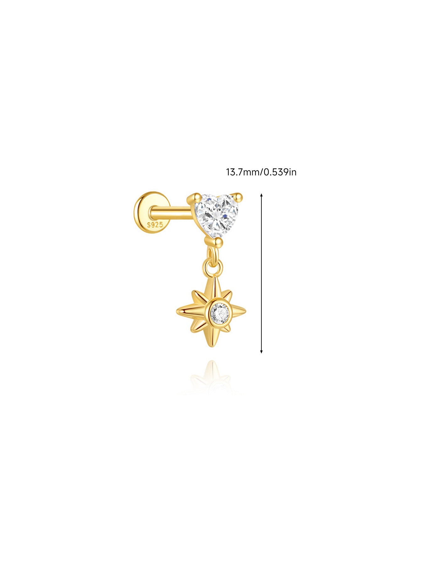 925 Sterling Silver Heart & North Star Dangle Labret Stud