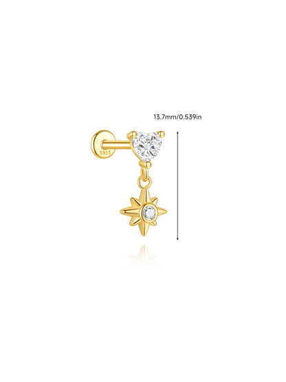 925 Sterling Silver Heart & North Star Dangle Labret Stud