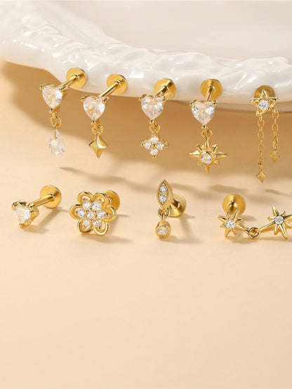 925 Sterling Silver Heart & Flower Dangle Flat Back Earring