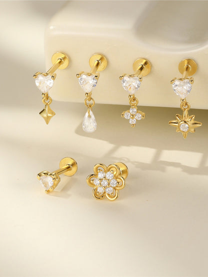 925 Sterling Silver Heart & Flower Dangle Flat Back Earring