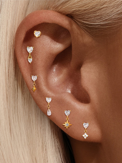 925 Sterling Silver Heart & Star Dangle Flat Back Earring