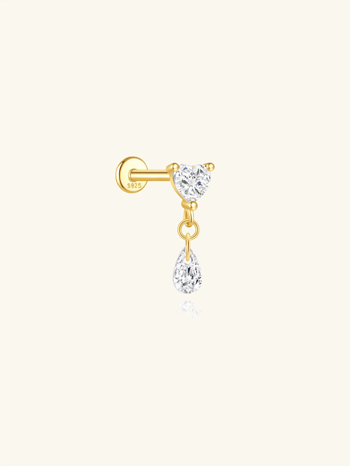 925 Sterling Silver  Heart & Pear CZ Dangle Flat Back Earring
