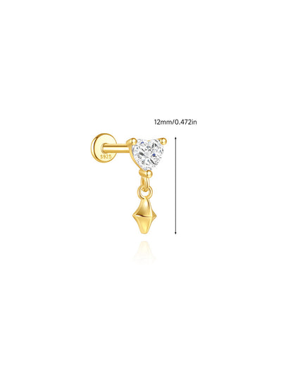 925 Sterling Silver Heart & Star Dangle Flat Back Earring