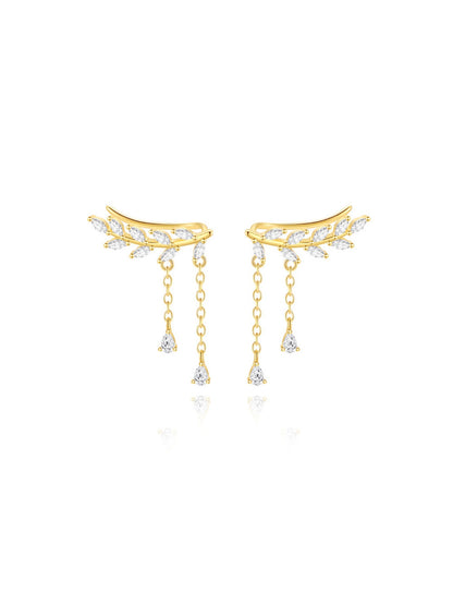 925 Sterling Silver Leaf Chain Drop Ear Climber Earrings