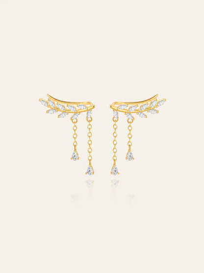 925 Sterling Silver Leaf Chain Drop Ear Climber Earrings