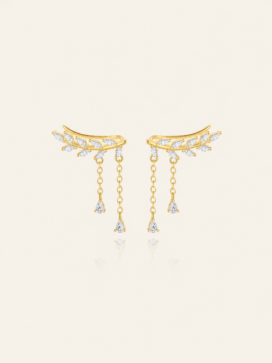 925 Sterling Silver Leaf Chain Drop Ear Climber Earrings