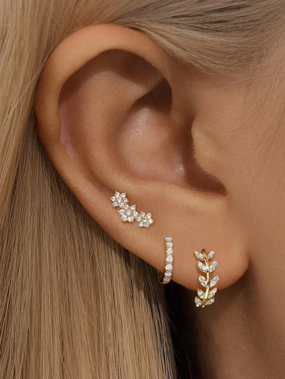 925 Sterling Silver Leaf Hoop Cluster Flatback Stud 3-Piece Set