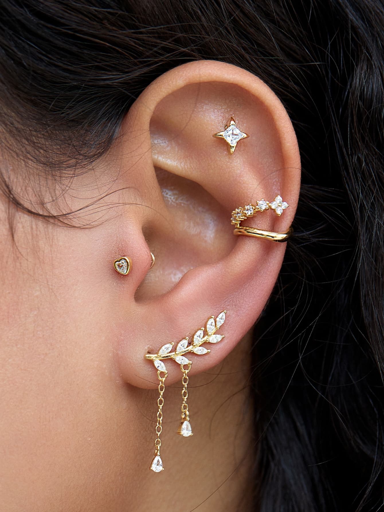 925 Sterling Silver Leaf Chain Drop Ear Climber Earrings
