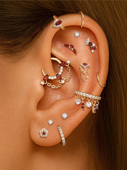 925 Sterling Silver Marquise Flower Garnet Red Piercing Ear Stack