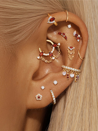 925 Sterling Silver Marquise Flower Garnet Red Piercing Ear Stack