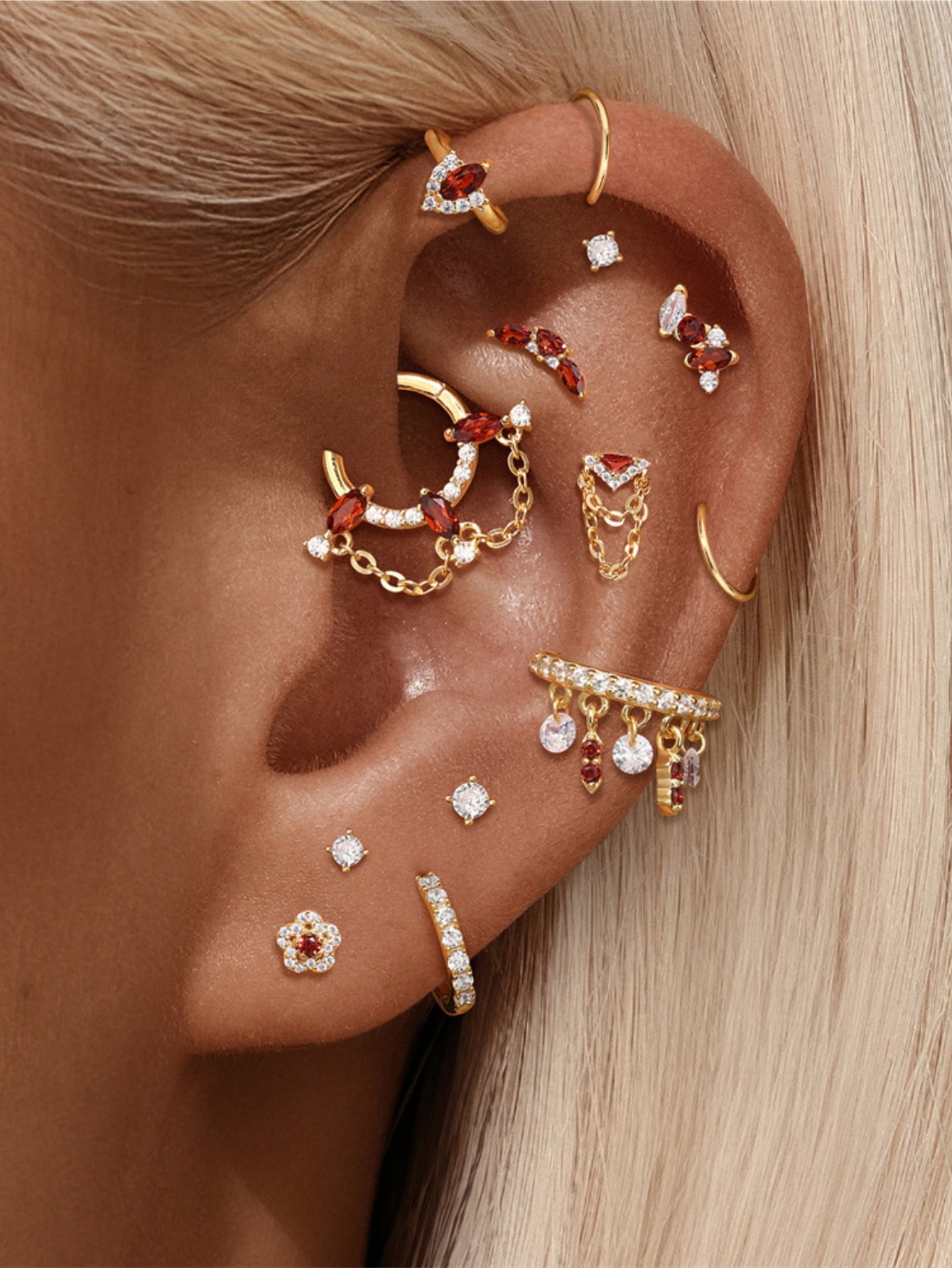 925 Sterling Silver Marquise Flower Garnet Red Piercing Ear Stack