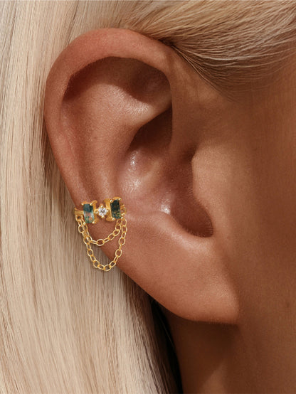 925 Sterling Silver Moss Agate Baguette Double Chain Huggie Hoop