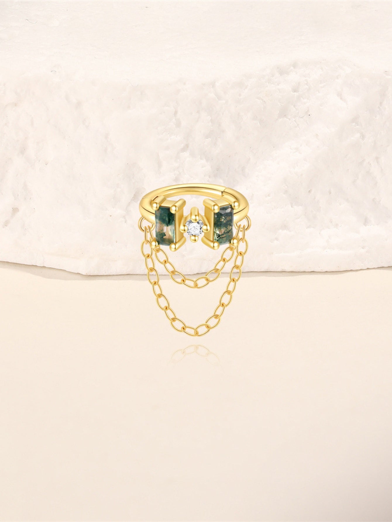 925 Sterling Silver Moss Agate Baguette Double Chain Huggie Hoop