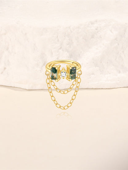 925 Sterling Silver Moss Agate Baguette Double Chain Huggie Hoop