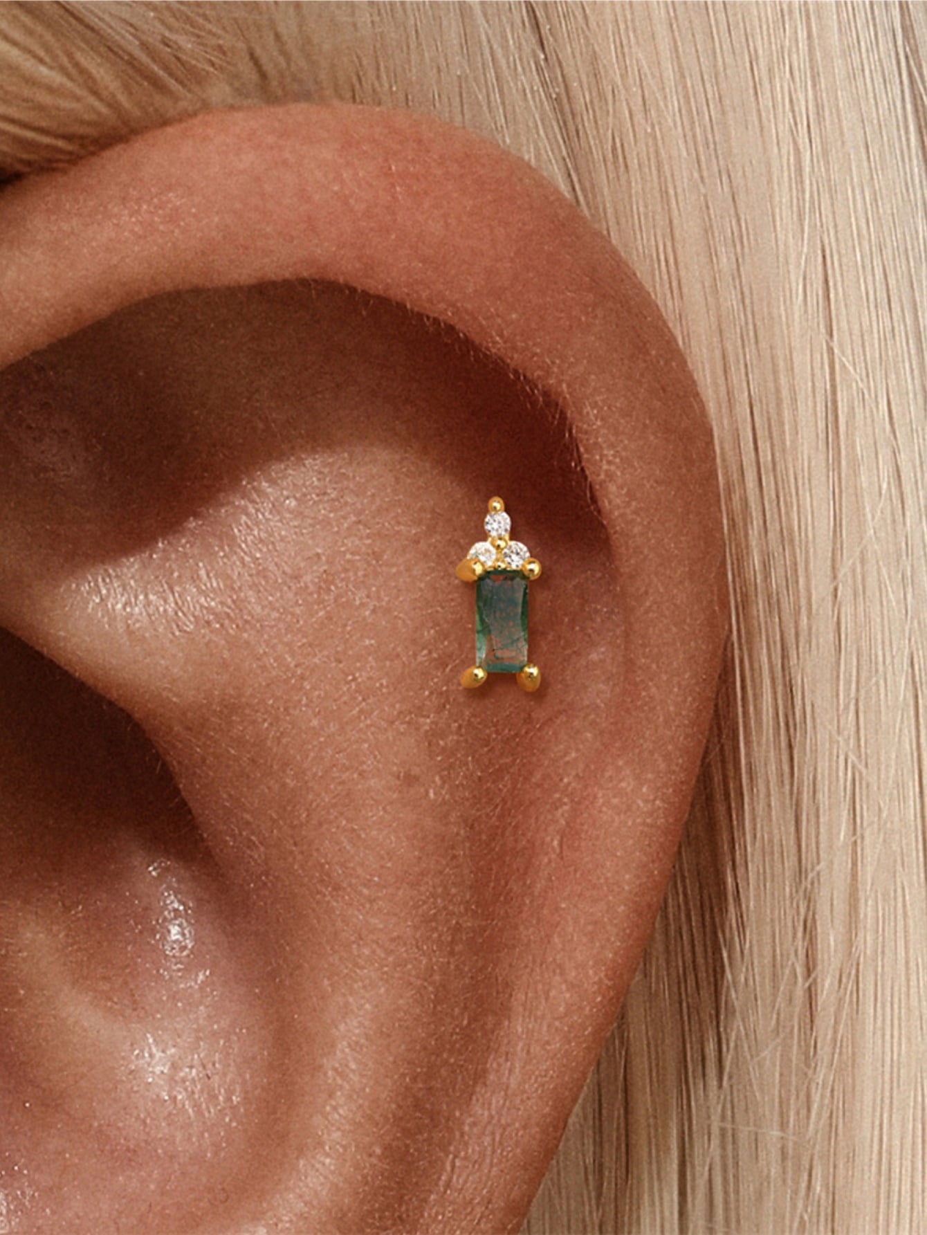 925 Sterling Silver Moss Agate Baguette Flatback Stud