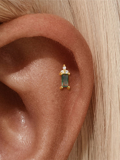 925 Sterling Silver Moss Agate Baguette Flatback Stud