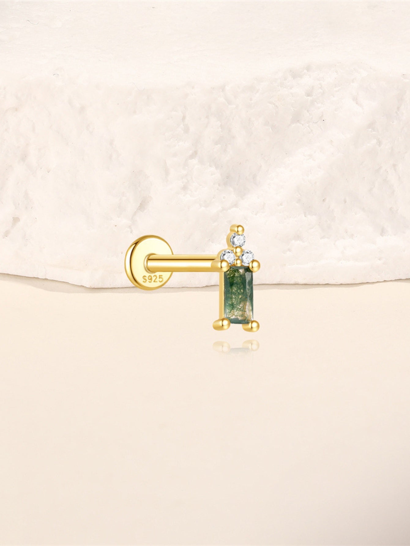 925 Sterling Silver Moss Agate Baguette Flatback Stud