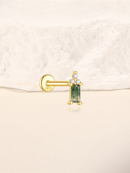 925 Sterling Silver Moss Agate Baguette Flatback Stud