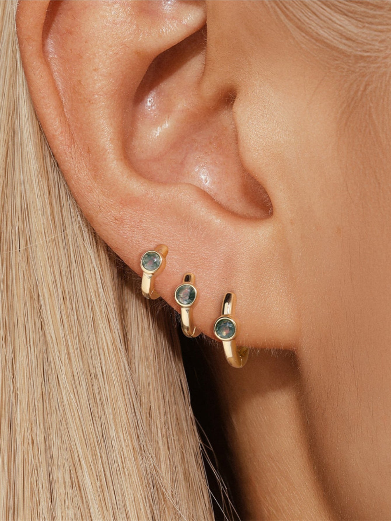 925 Sterling Silver Moss Agate Bezel Huggie Hoop Earrings