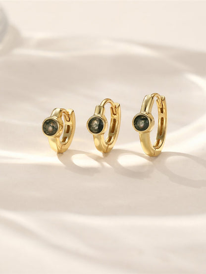 925 Sterling Silver Moss Agate Bezel Huggie Hoop Earrings