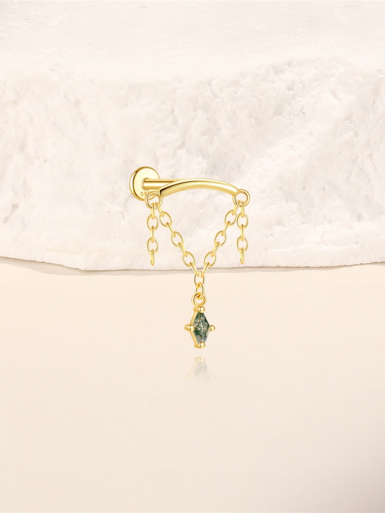 925 Sterling Silver Moss Agate Chain Dangle Flatback Stud