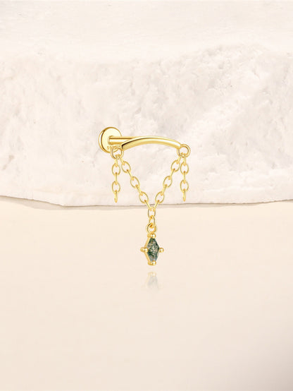 925 Sterling Silver Moss Agate Chain Dangle Flatback Stud