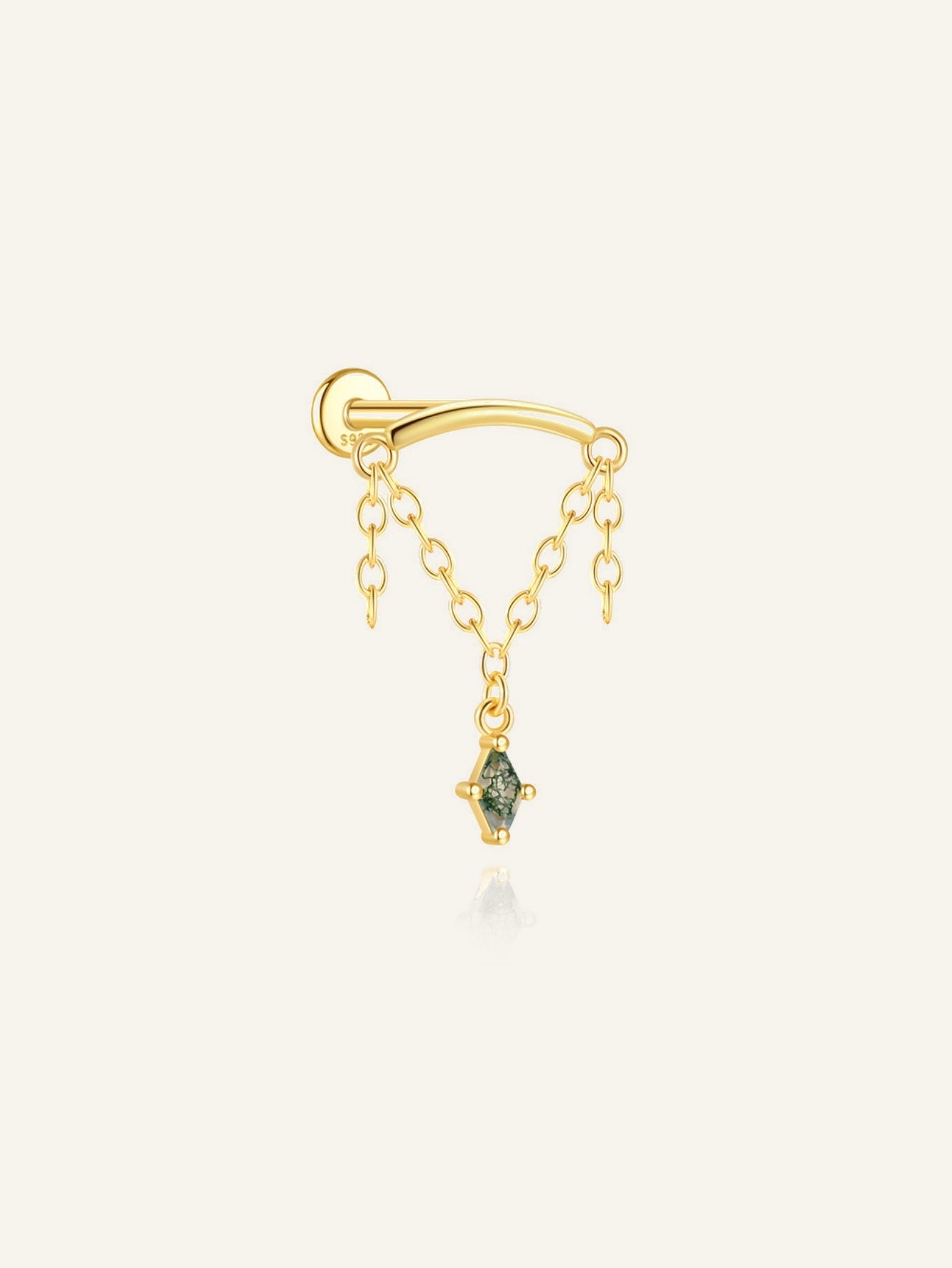 925 Sterling Silver Moss Agate Chain Dangle Flatback Stud