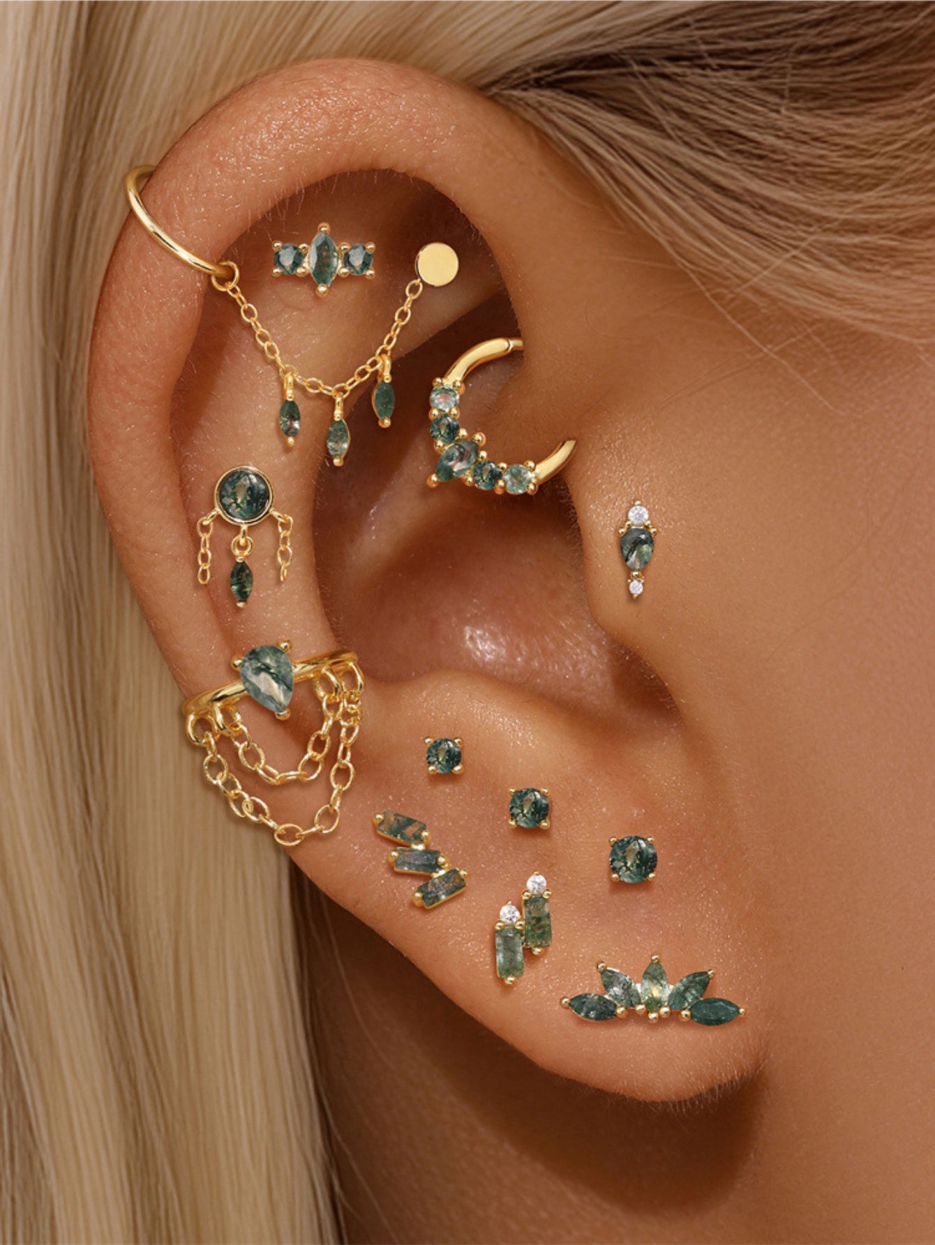 925 Sterling Silver Moss Agate Clicker Hoop for Daith & Septum