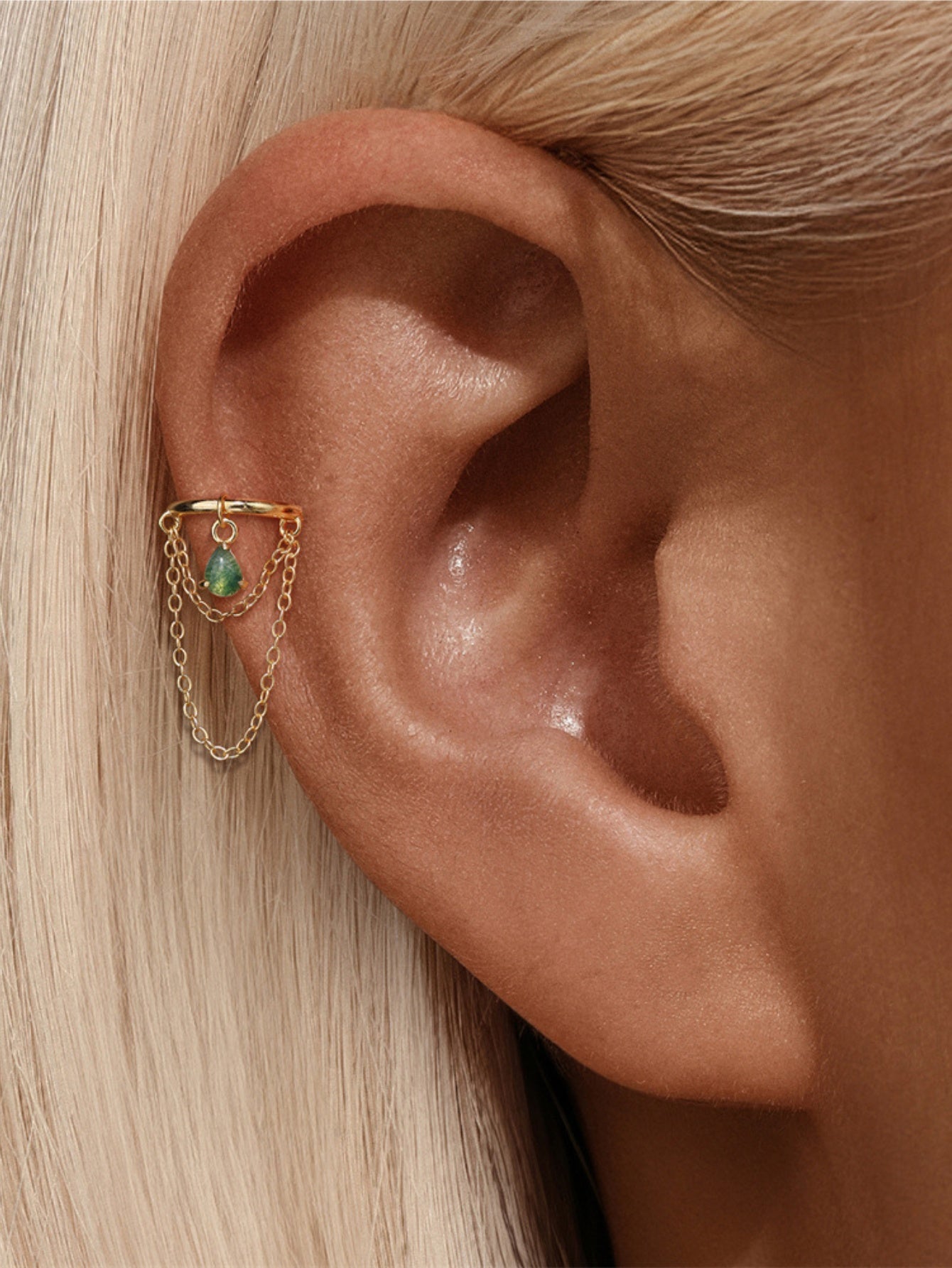 925 Sterling Silver Moss Agate Double Chain Drop Huggie Hoop