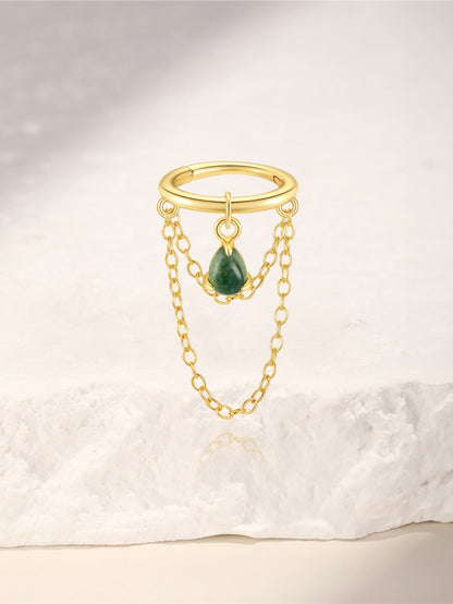 925 Sterling Silver Moss Agate Double Chain Drop Huggie Hoop