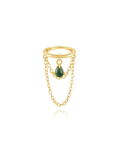 925 Sterling Silver Moss Agate Double Chain Drop Huggie Hoop