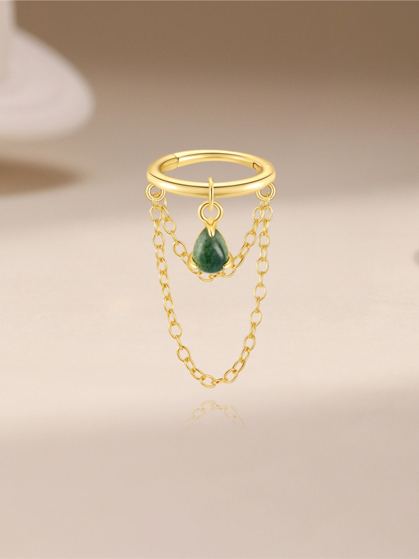 925 Sterling Silver Moss Agate Double Chain Drop Huggie Hoop