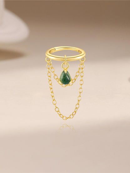 925 Sterling Silver Moss Agate Double Chain Drop Huggie Hoop