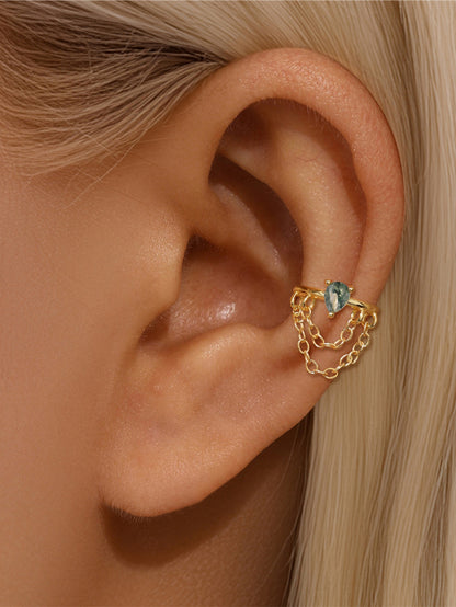 925 Sterling Silver Moss Agate Double Chain Huggie Hoop