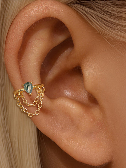 925 Sterling Silver Moss Agate Double Chain Huggie Hoop