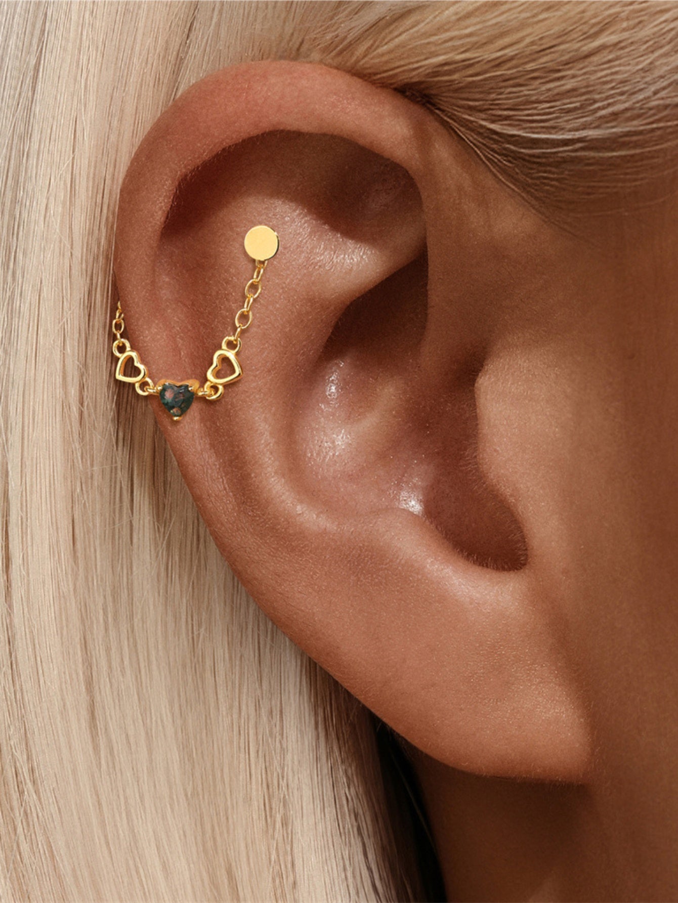 925 Sterling Silver Moss Agate Heart Link Ear Chain Connector