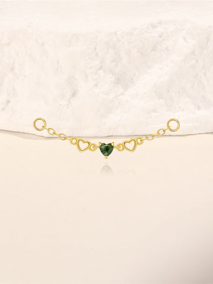 925 Sterling Silver Moss Agate Heart Link Ear Chain Connector