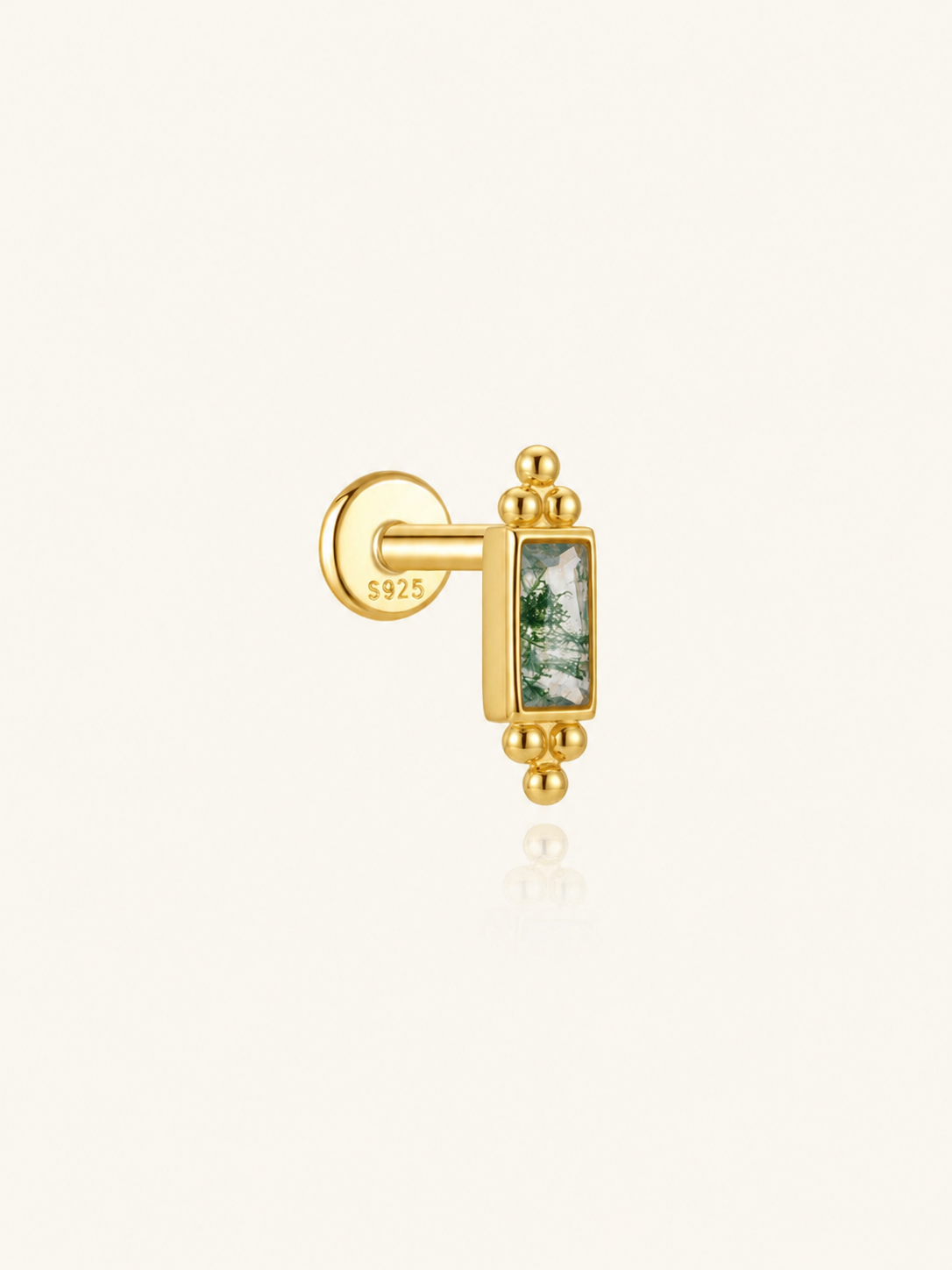 925 Sterling Silver Moss Agate Rectangle Flat Back Stud