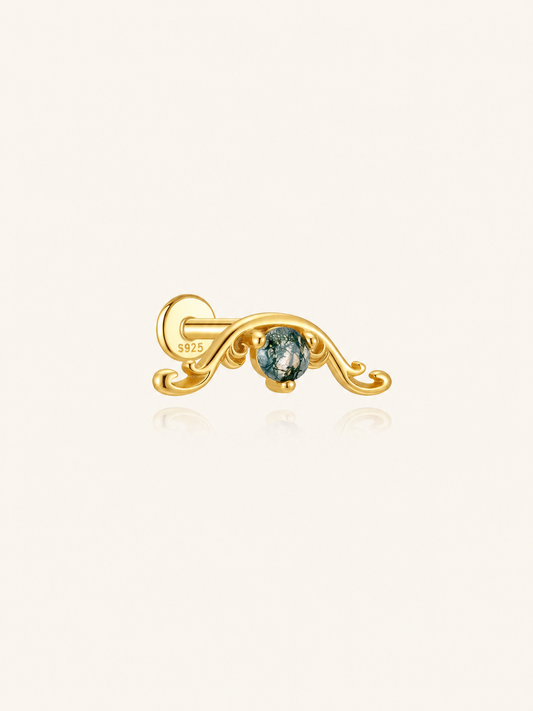 925 Sterling Silver Moss Agate Scroll Flat Back Stud