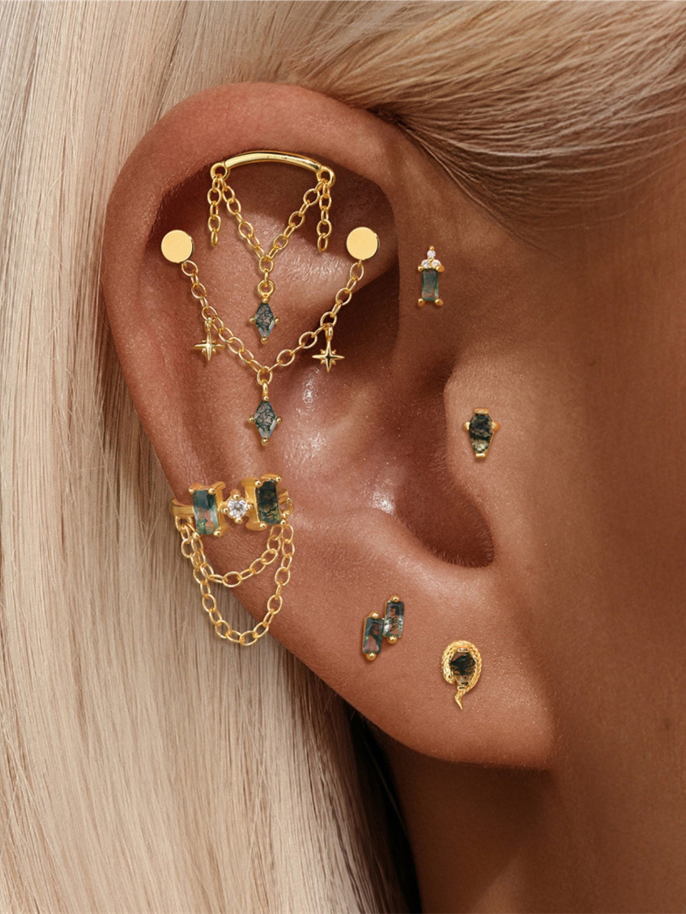 925 Sterling Silver Moss Agate Star Charm Ear Chain Connector