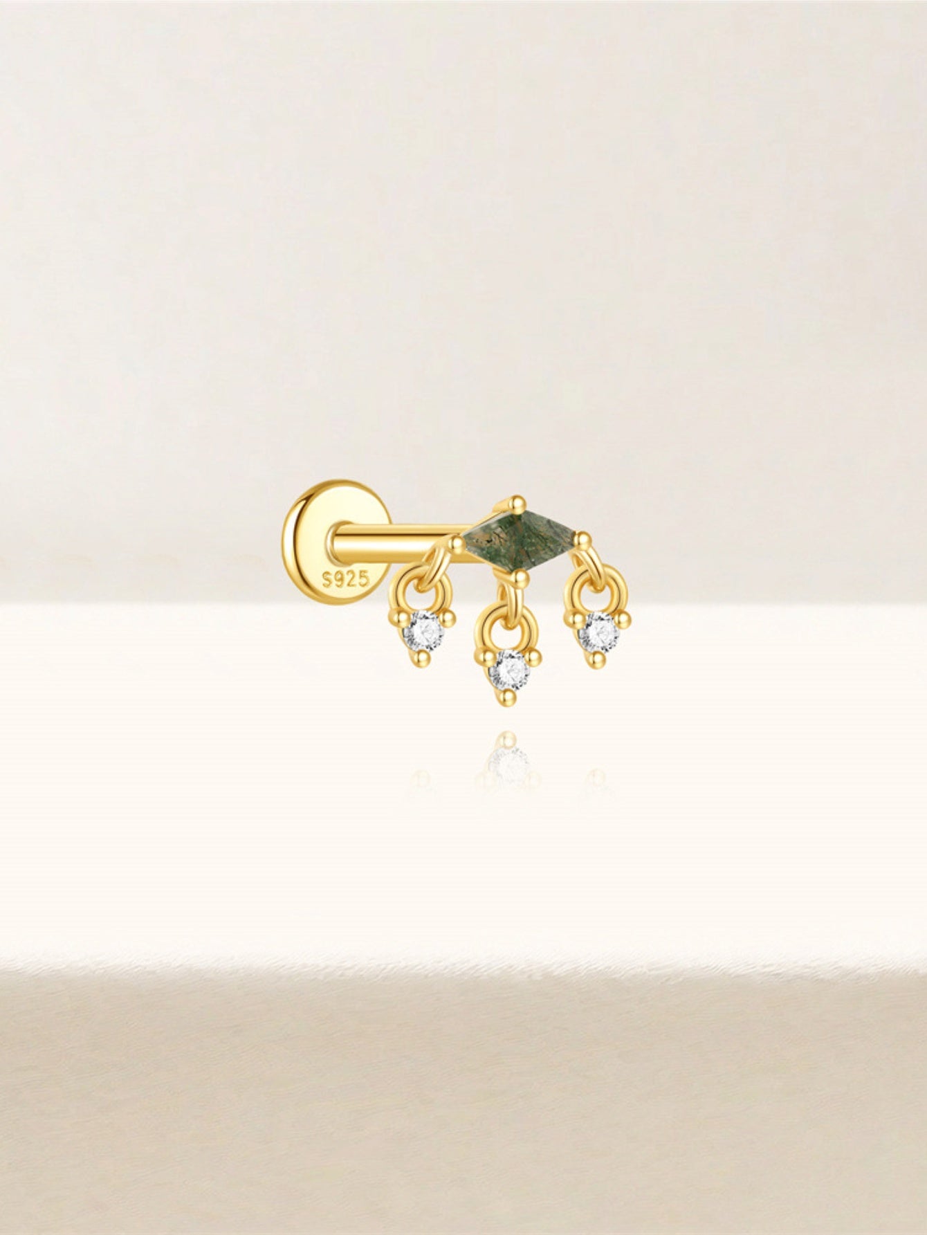 925 Sterling Silver Moss Agate Triple Dangle Flat Back Stud