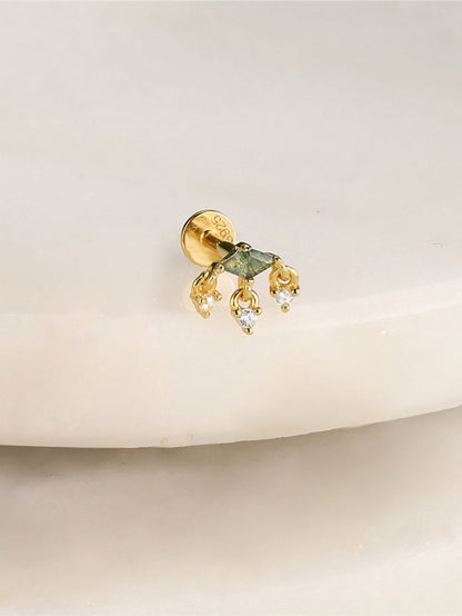 925 Sterling Silver Moss Agate Triple Dangle Flat Back Stud