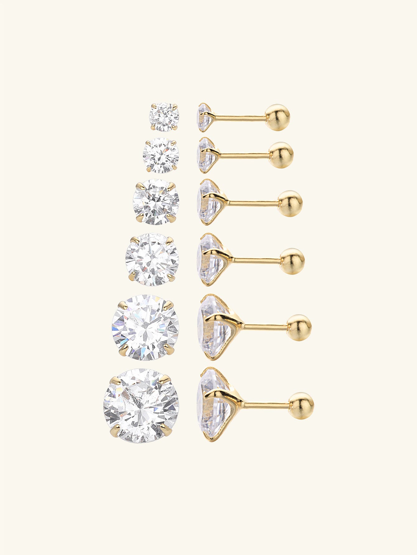 925 Sterling Silver Multi Size CZ Ball Back Stud Earrings In Gold
