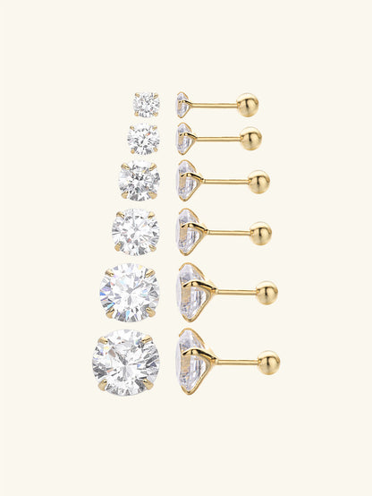 925 Sterling Silver Multi Size CZ Ball Back Stud Earrings In Gold